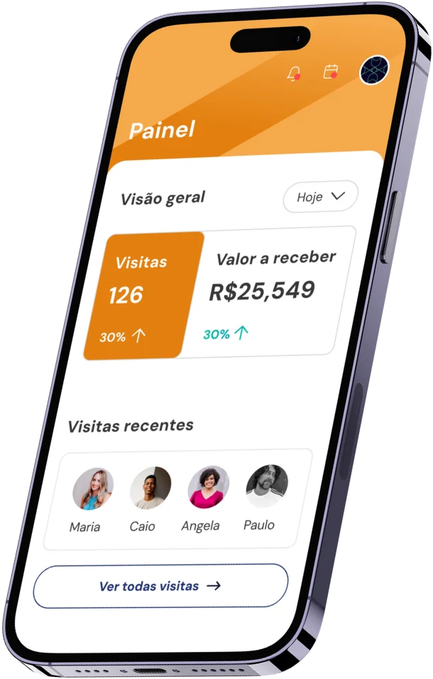Tela do aplicativo GoGood para parceiros mostrando visitas do dia, valor a receber e visitas recentes